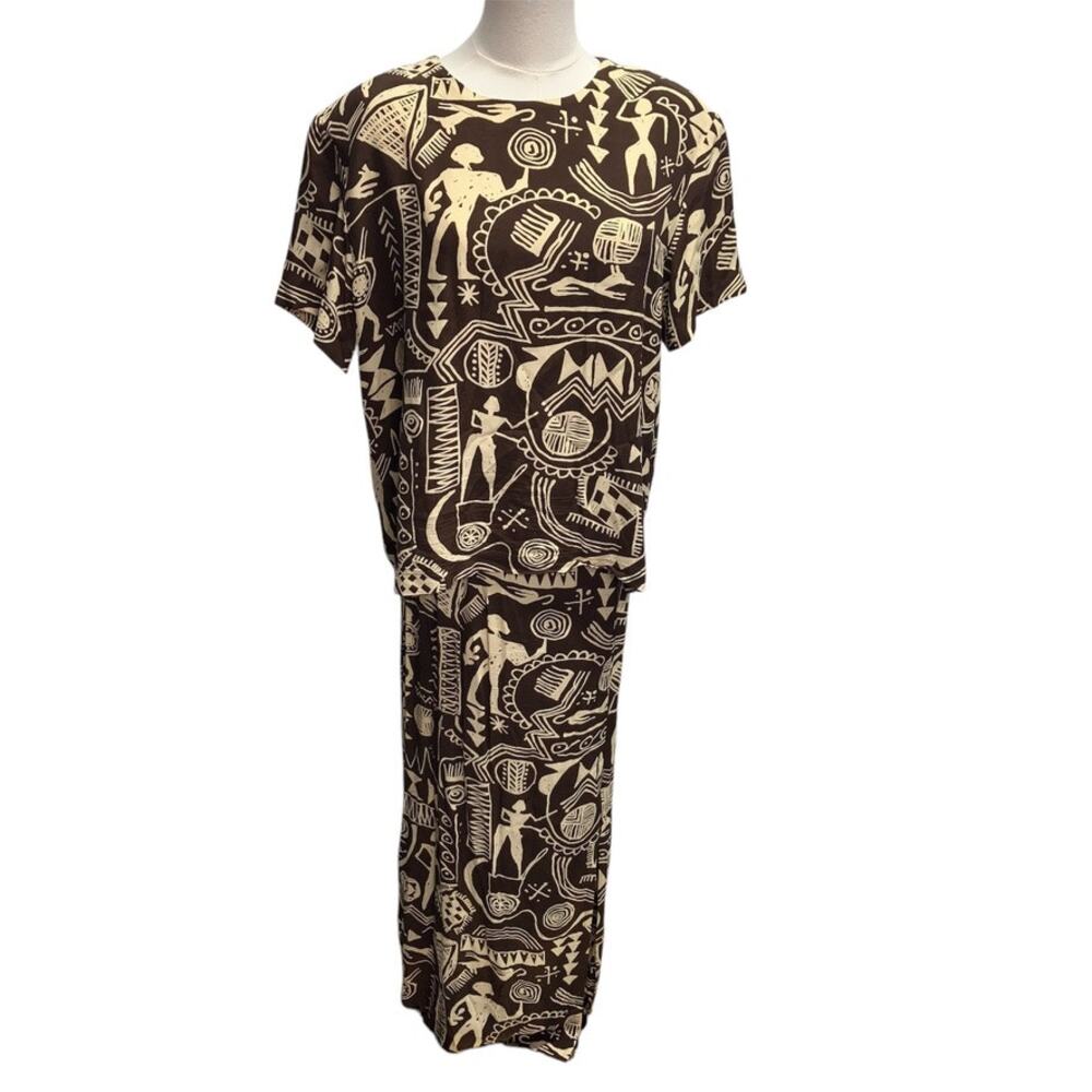 Mosaic Vintage Skirt set Womens M/L‎ Brown Tribal African Safari USA Made Rayon